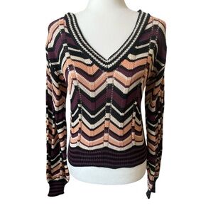 NKN Nekane Zigzag Chevron V-Neck Sweater Black Purple Cream Peach Small/Med NWT